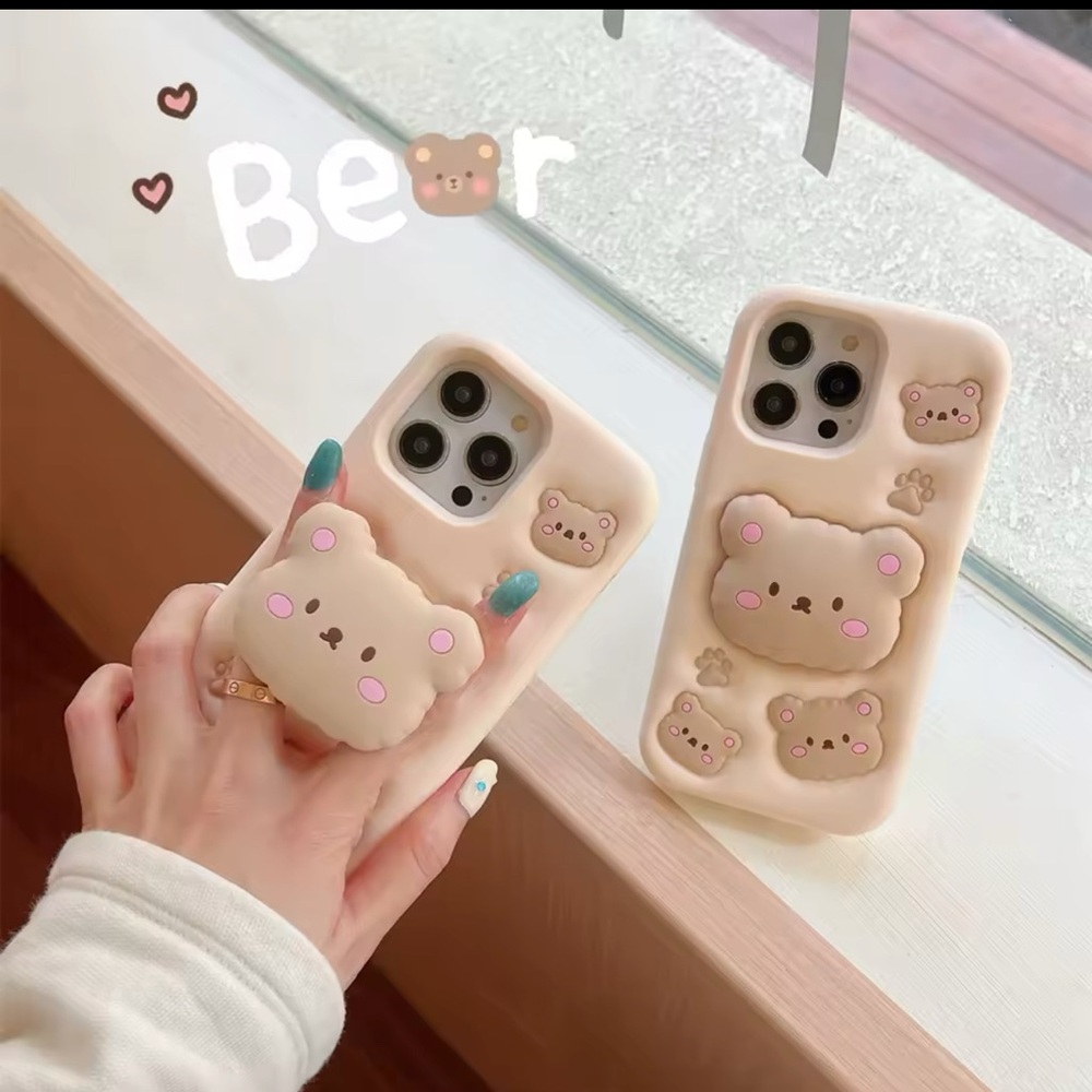 3D cotton bear stand silicone phone case for iphone 15Pro Max